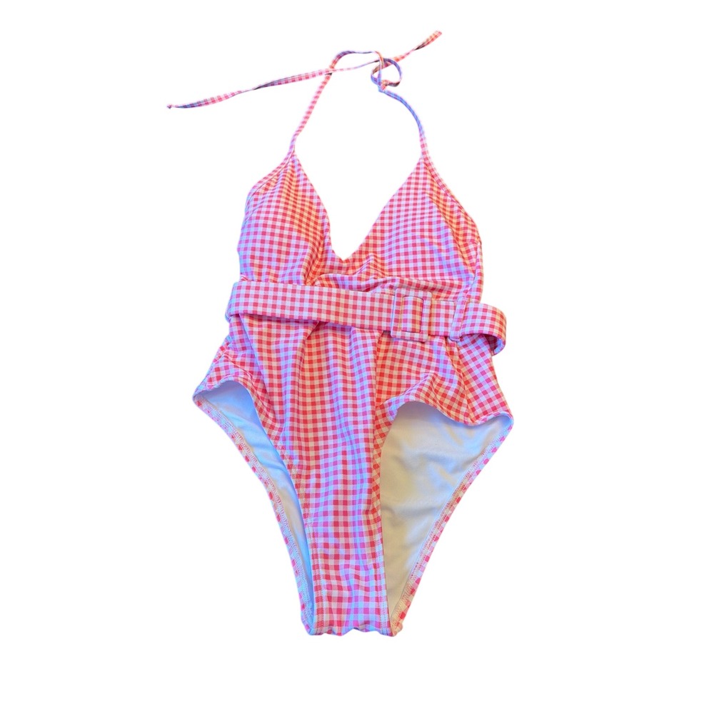 One Piece Swimsuit Pink Gingham Remmey Belted Halter Neck Retro UK 8 EU 36